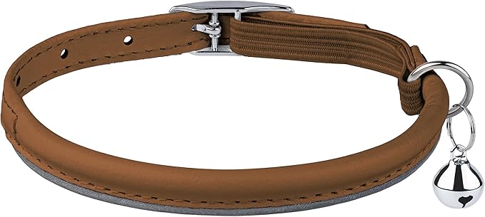 OOPSDOGGY Rolled Leather Cat Collar with Bell, Reflective Kitten Collars with Buckle Include Safety Elastic Strap - Adjustable Small Pet Collars for Boy Girl Cats (Beige)