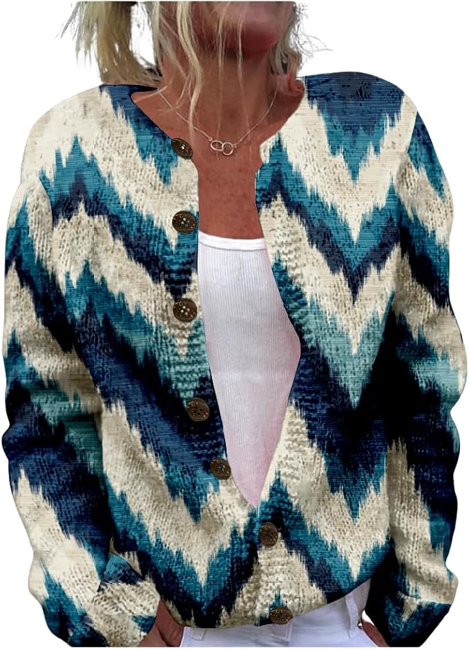 HOTYD Aztec Print Cardigans Sweaters for Women Crewneck Graphic Button Cardigan Casual Chunky Knit Sweater Fall Outfits