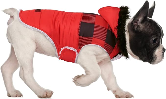 HDE Dog Puffer Jacket Fleece Lined Warm Dog Parka Winter Coat with Harness Hole Buffalo Plaid - S