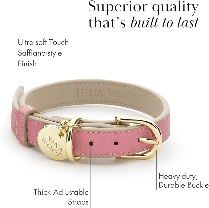 NINA WOOF Rio Vegan Leather Dog Collar - Padded Luxury Dog Collar with Adjustable Buckle - Collar for Dogs, Small Dogs and Large Dogs (Extra-Small, Pink)