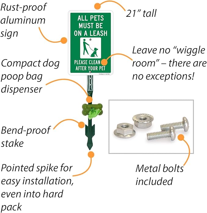 SmartSign Pets Must Be On Leash Clean Up After Pet Yard Sign & Clip-On Dispenser Combo/Kit, 7"x10" Rust-proof Metal Sign with 18-inch Steel Stake, Compact Dispenser Preloaded with a 15 Poop Bags Roll