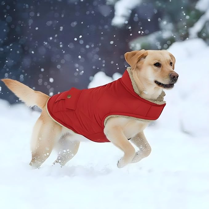 ASENKU Warm Dog Winter Coat, Waterproof Dog Coat for Cold Weather, Fleece Dogs Jacket with Ultra Thick Plush Lining Leash Hole Storage Pockets for Medium Large Dogs (Red, Large)