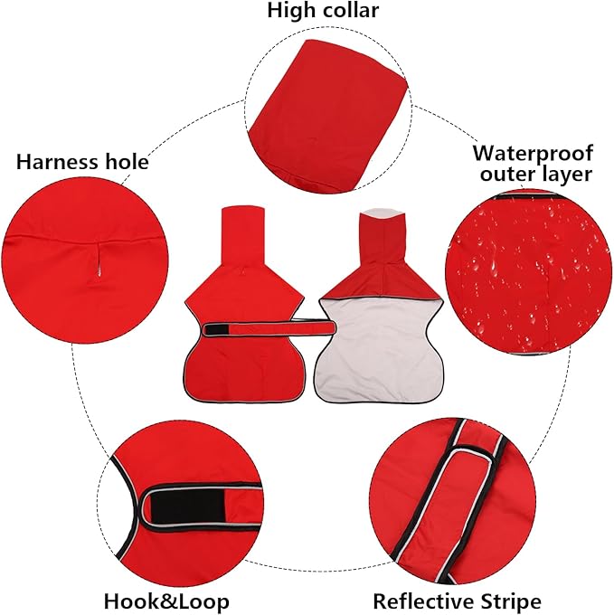 Dog Raincoat with Reflective Bar, Rain/Water Resistant, Adjustable Vest - Dog Raincoats for Greyhounds, Lurchers and Whippets - Red - M