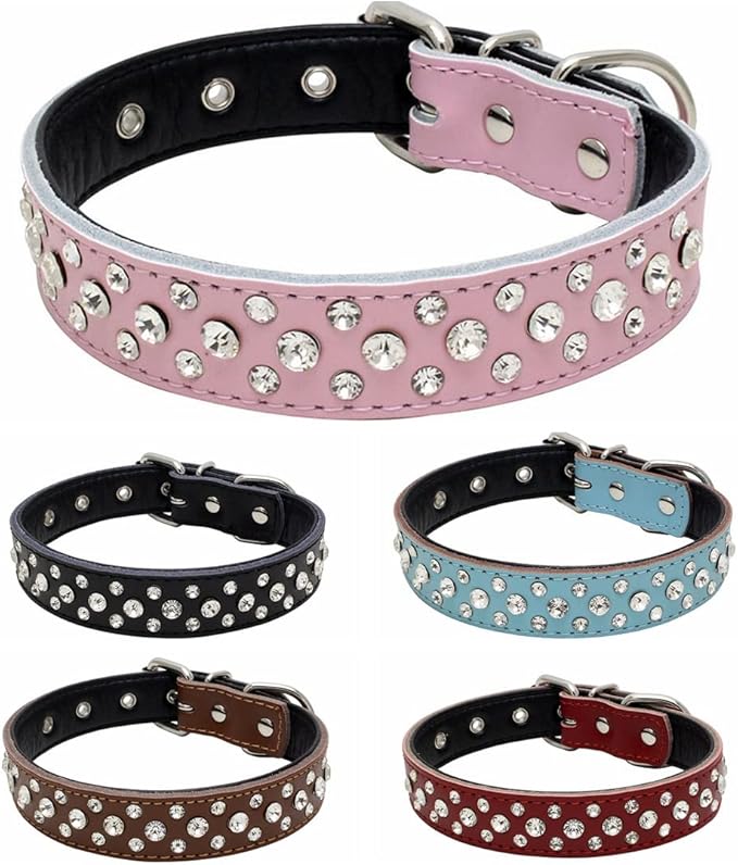 Rhinestones Dog Collar, Adjustable Sparkly Crystal Studded Genuine Leather Pet Dog Collar for Small and Medium Dogs (S, Purple)
