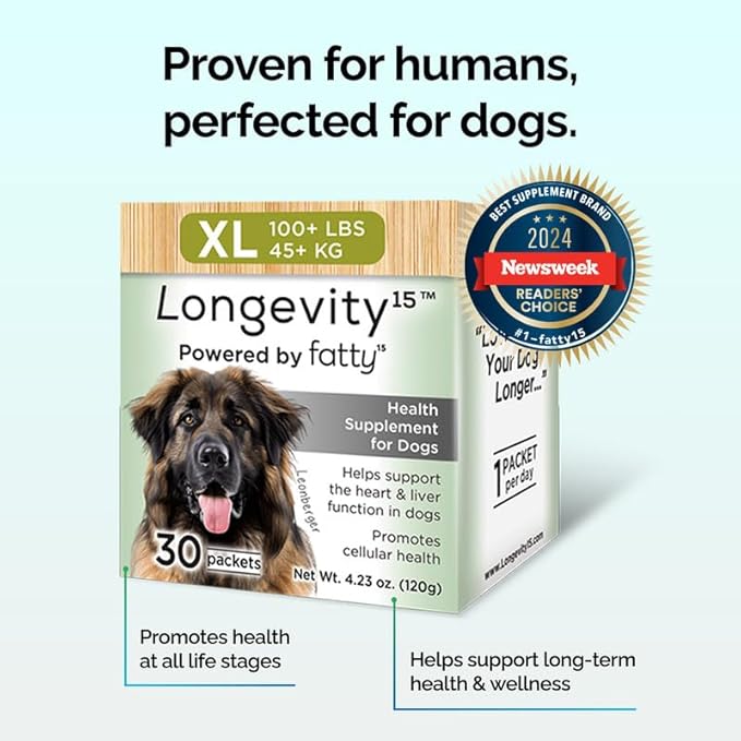 Longevity15 C15:0 Dog Health Supplement (30-Day Supply) & Yummy Combs Dog Dental Treats (8oz Bag) for Extra Large Dogs – C15:0 Fatty Acid for Daily Wellness, Food Topper – VOHC Approved Oral Care