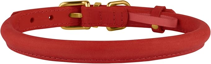 BronzeDog Rolled Leather Dog Collar with QR ID Tag, Adjustable Soft Round Collars for Small Medium Large Dogs Puppy (14" - 16" Neck Size, Classic Red)
