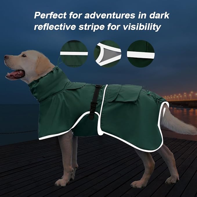 Reflective Dog Raincoat Waterproof Adjustable Dog Hooded Poncho Raincoat for Medium Large Dogs, Lightweight Pet Rain Jacket (Green, 2XL)