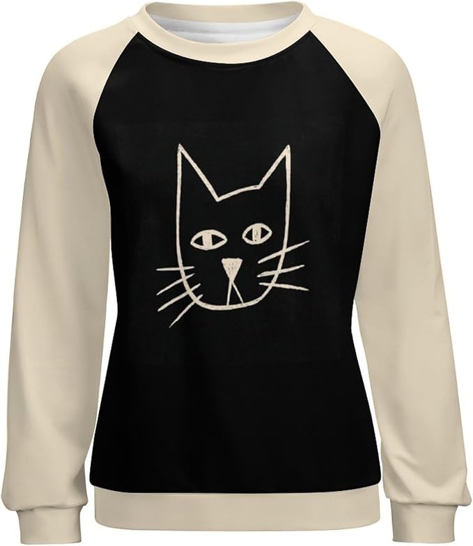 Abstract Cute Cat Shirts for Women Long Sleeve Lady Crewneck Pullover Sweatshirt Fall Winter Oversized Tops