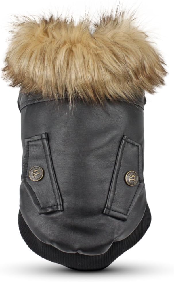 LESYPET Dog Leather Jacket for Small Dogs, Waterproof Dog Winter Jacket Puppy Coat with Fleece Lined, Ultra Warm Fur Collar Doggie Coat, Black S