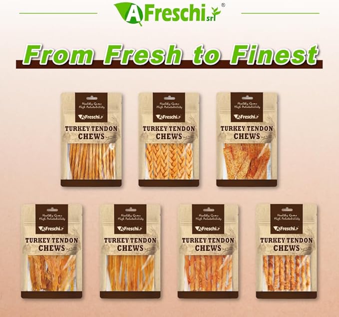 AFreschi Turkey Tendons for Dogs, USA-Sourced, Healthy Dog Treats, Rawhide-Free Puppy Chews, All Natural, Hypoallergenic Dog Treats, Classic Series, Braided Sticks, 3.5 oz Pack