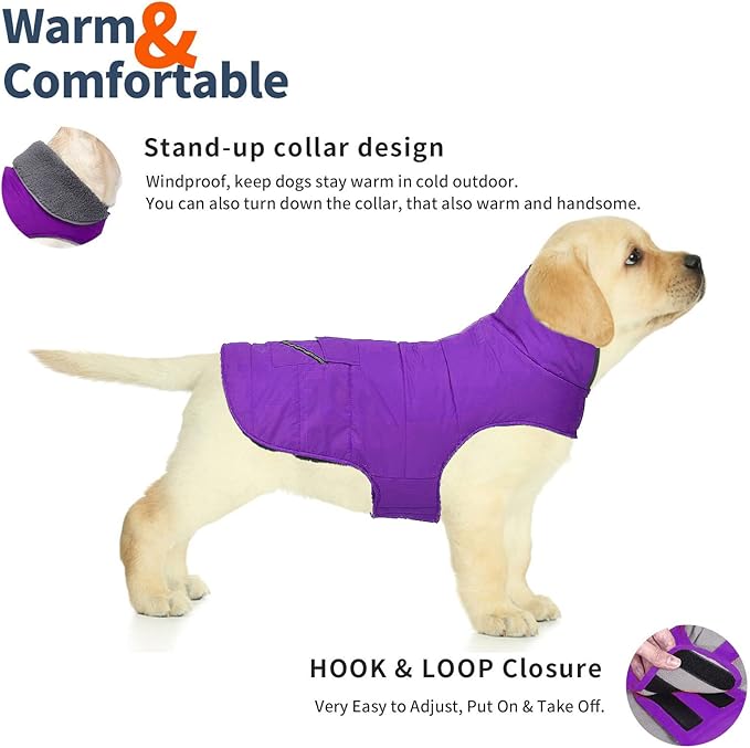 Dog Coat, Waterproof Dog Winter Jacket with Pocket, Reflective Adjustable Pet Snow Vest, Warm Cozy Fleece Sweater for Small Medium Extra Large Dogs - Purple, 2XL