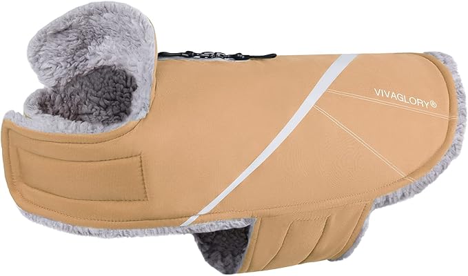VIVAGLORY Snowrap Dog Coat, Jacket with Harness Hole & Velcro Closure, Dog Coat for Winter & Cold Weather, Fluffy Warm Fleece Lined Reflective Water Resistant for Puppy, XXS, Khaki