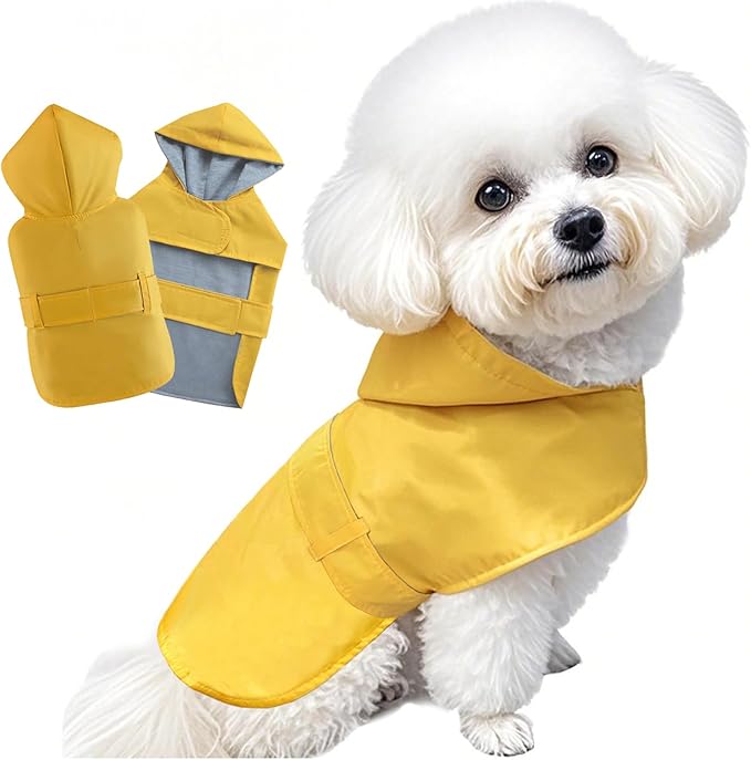 Dog Raincoat Small Dog Rain Jacket Poncho Waterproof Pet Rain Suit Double Layer Breathable Lining Hooded Leash Hole Adjustable Puppy Small Medium Dogs,Yellow,S
