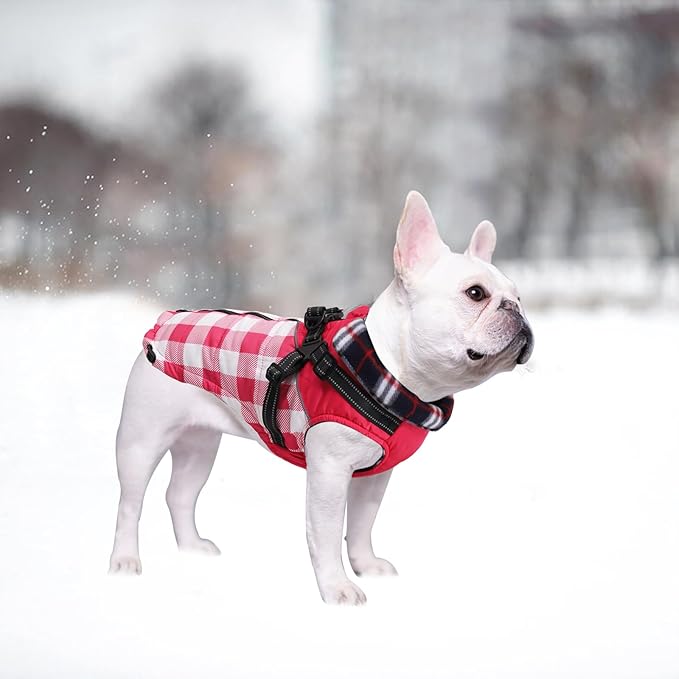 Dog Coat with Harness,Small Dog Winter Coat,Doggie Jackets with Built in Harness,Adjustable Warm Jacket for Medium Large Dogs,Pet Puppy Cold Weather Coats for Dogs Waterproof (PlaidPink, Large)