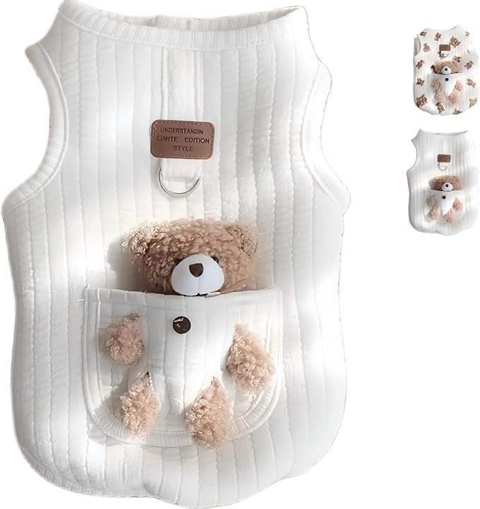 Cute Pet Apparel Plush Bear Pattern Cartoon Dog Clothes All Season Sleeveless Puppy Kitten Pullover Soft Skin-Friendly (White1, XL (11-20lbs))