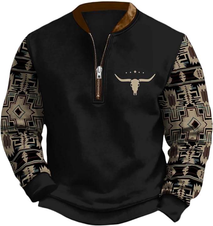 HOTYD Aztec Cowboy Jacket Men Vintage Bullhorn Printed Oversized Western Sweatshirt Long Sleeve Quarter Zip Pullover