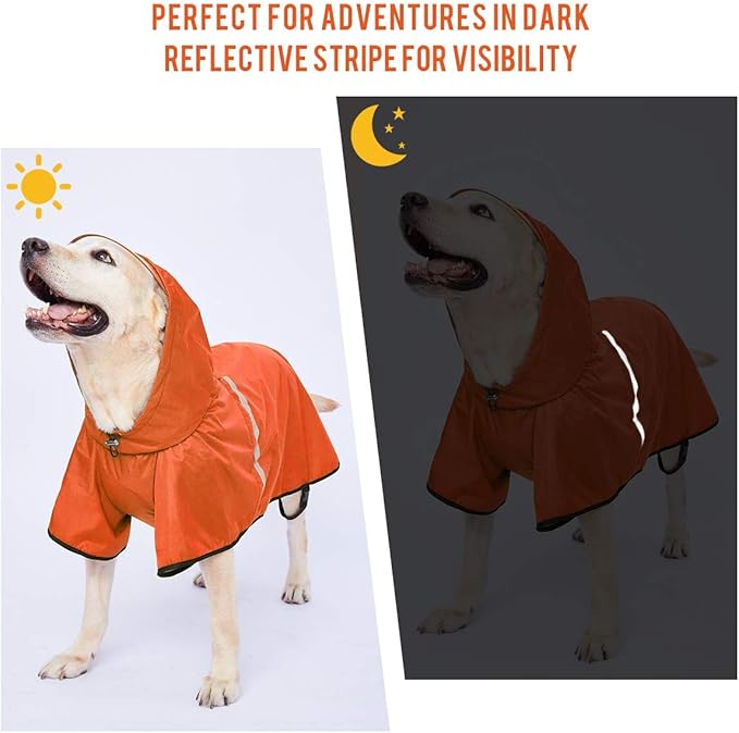 Dog Raincoat with Adjustable Belly Strap and Leash Hole - Hoodie with Reflective Strip - Waterproof Slicker Lightweight Breathable Rain Poncho Jacket for Medium Large Dogs - Easy to Wear, Orange 4XL