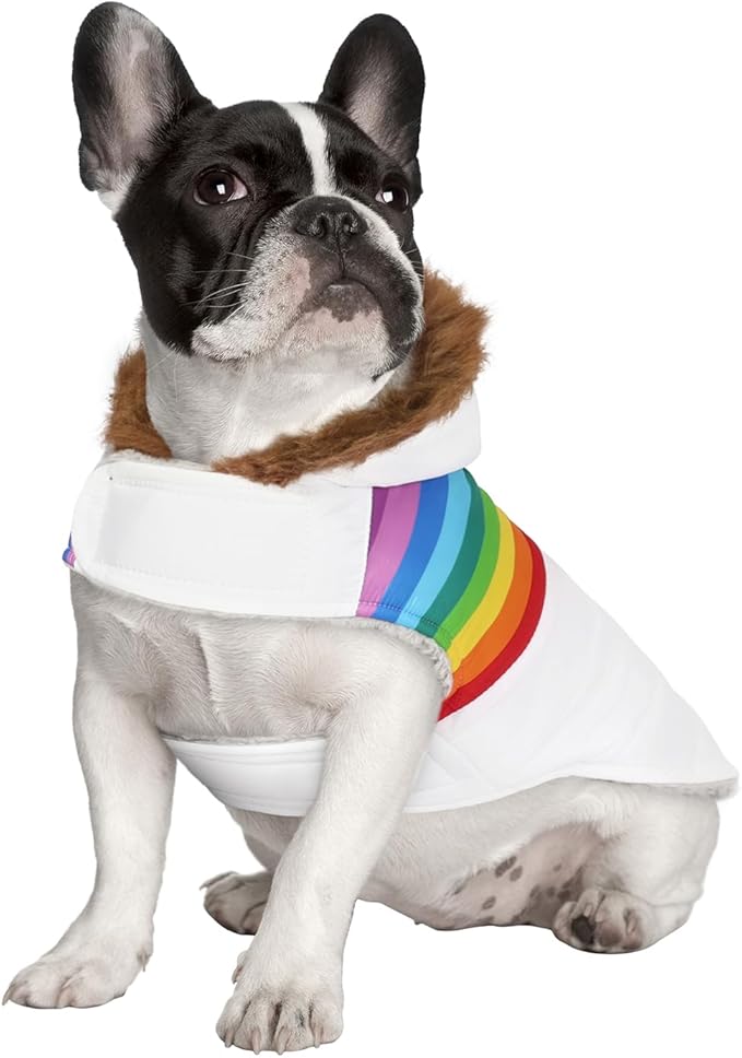 HDE Dog Puffer Jacket Fleece Lined Warm Dog Parka Winter Coat with Harness Hole White Rainbow Stripe - S