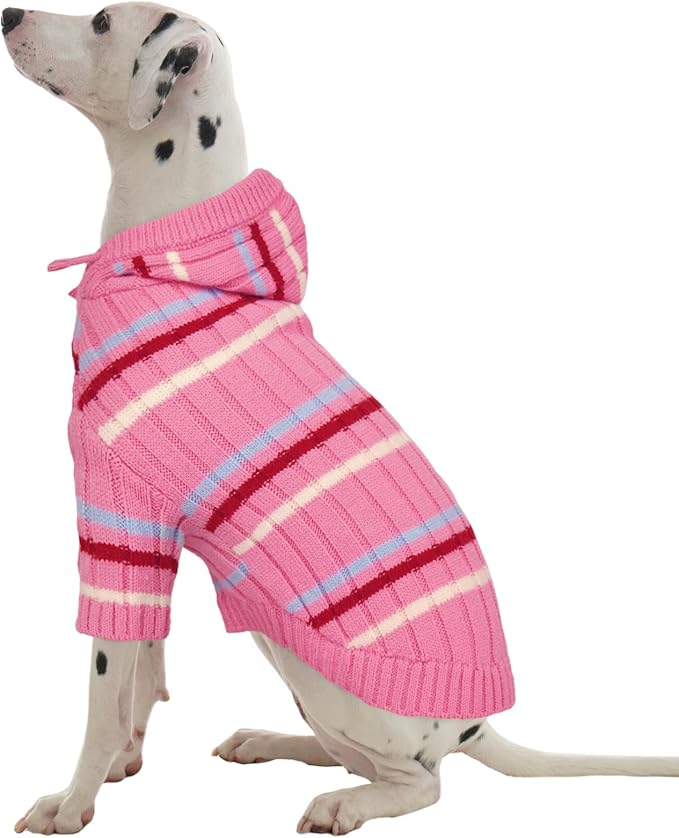 Kuoser XL Dog Sweater, Dog Sweaters for Large Dogs, Girl Boy Christmas Sweater, Striped Knitwear Big Dogs Winter Clothes, Cold Weather Warm Pet Sweatshirt for Golden Retriever, Labrador, Pink XL