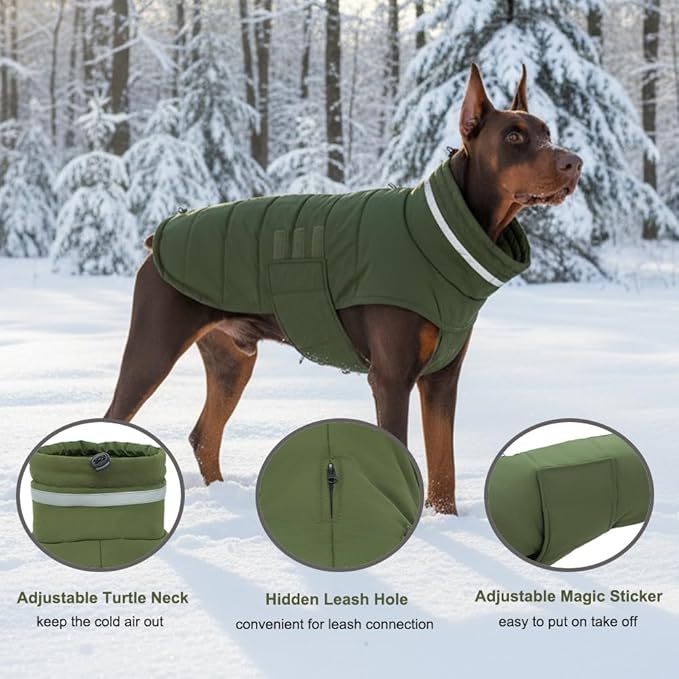 Dog Coat, Waterproof Winter Jacket, Warm Windproof Vest, Reflective Adjustable Turtleneck Coats for Medium and Large Dogs with Hook & Loop - Green - L