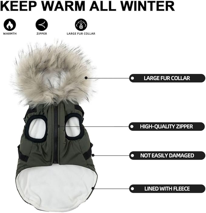 PINA Winter Coat with Waterproof Fabric, Faux Fur Hood, Reflective Strap for Small to Large Dogs, Green, XL