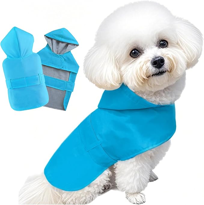 Dog Raincoat Small Dog Rain Jacket Poncho Waterproof Pet Rain Suit for Puppy Small Dogs Cats Double Layer Breathable Lining Hooded Leash Hole Adjustable,Blue,XS