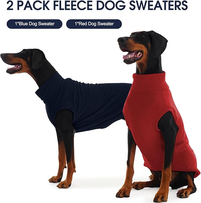 IECOii 2 Pack 3XL Dog Sweater for Labrador, Stretchy Fleece Coat for Large Dogs Boy Girl, Labrador, Comfort Pet Jacket Warm Fleece Sweaters with Leash Hole for Fall & Winter (Size XXXL, Blue & Red)