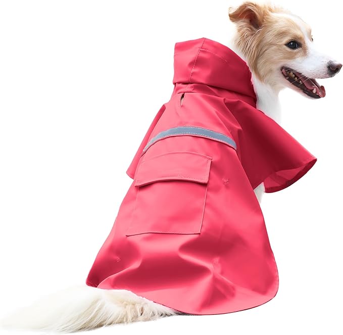NACOCO Large Dog Raincoat Adjustable Pet Water Proof Clothes Lightweight Rain Jacket Poncho Hoodies with Strip Reflective (M, Red)
