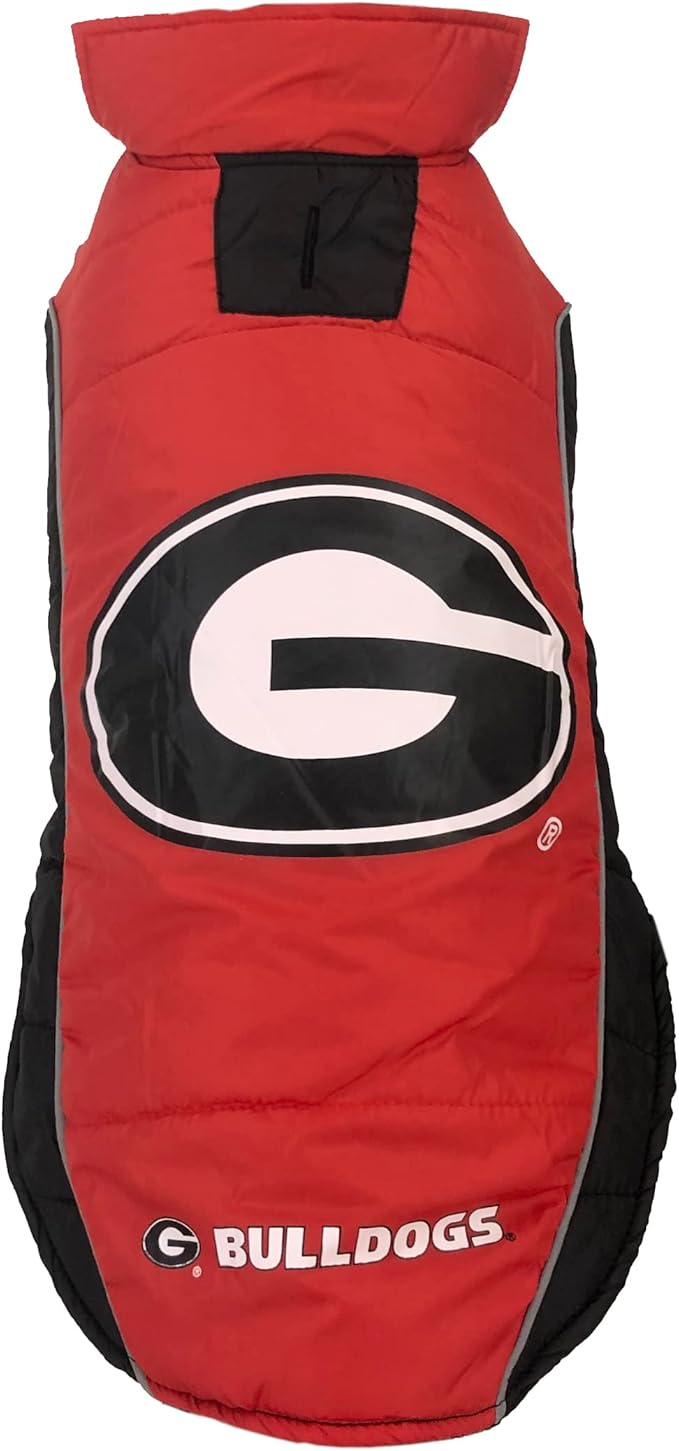 NCAA Georgia Bulldogs Puffer Vest for Dogs & Cats, Size Large. Warm, Cozy, and Waterproof Dog Coat, for Small and Large Dogs/Cats. Best NCAA Licensed PET Warming Sports Jacket