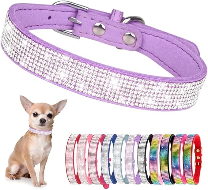Serijoars Small Dog Collar with Rhinestone Crystal Diamond Colorful Bling Girl Puppy Cat Collars (M, Purple)