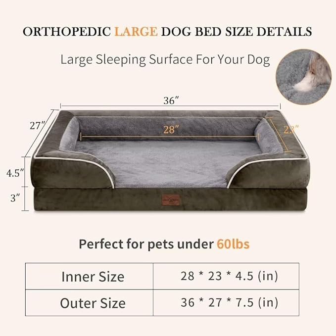 Comfort Expression Orthopedic Dog Bed for Medium Dogs 30x20 Inch, Waterproof Egg Crate Foam Medium Pet Bed with Removable Bolsters, Dog Couch with Washable Cover & Non-Slip Bottom, Grey Green