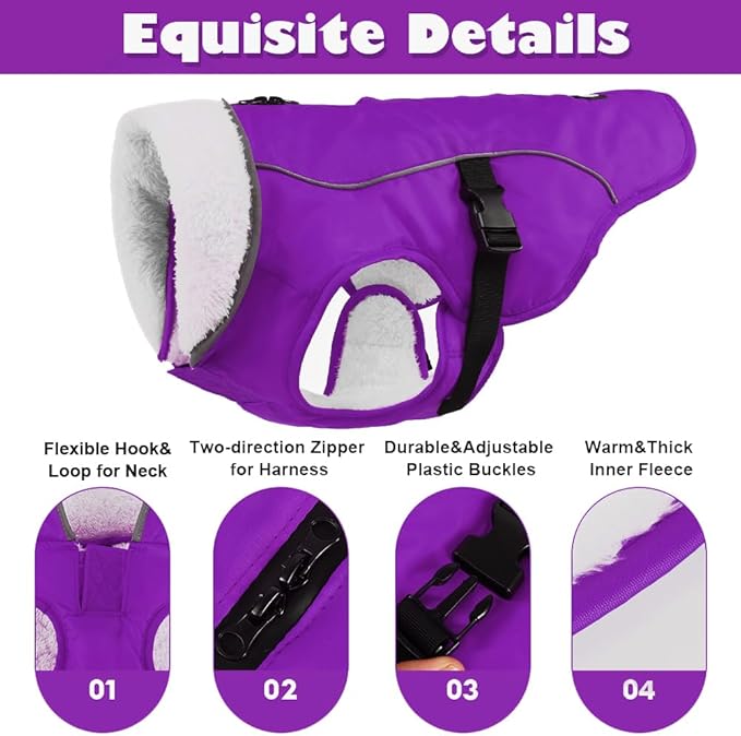 EMUST Dog Cold Weather Coats, Fleece Lining Small/Medium/Large Dog Jacket for Winter, Warm Waterproof Pet Winter Clothes for Large Dogs, Purple, XL