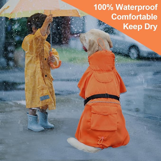Reflective Dog Raincoat Waterproof Adjustable Dog Hooded Poncho Raincoat for Medium Large Dogs, Lightweight Pet Rain Jacket (Orange, 2XL)
