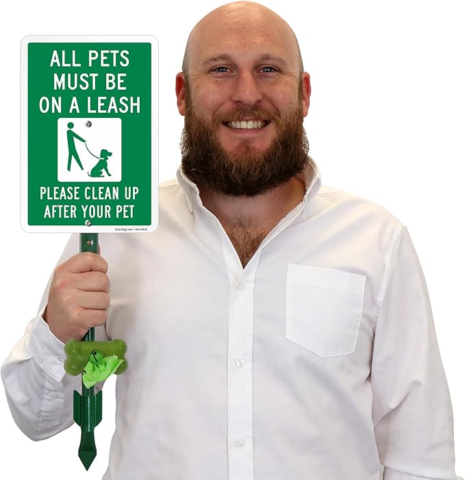 SmartSign Pets Must Be On Leash Clean Up After Pet Yard Sign & Clip-On Dispenser Combo/Kit, 7"x10" Rust-proof Metal Sign with 18-inch Steel Stake, Compact Dispenser Preloaded with a 15 Poop Bags Roll