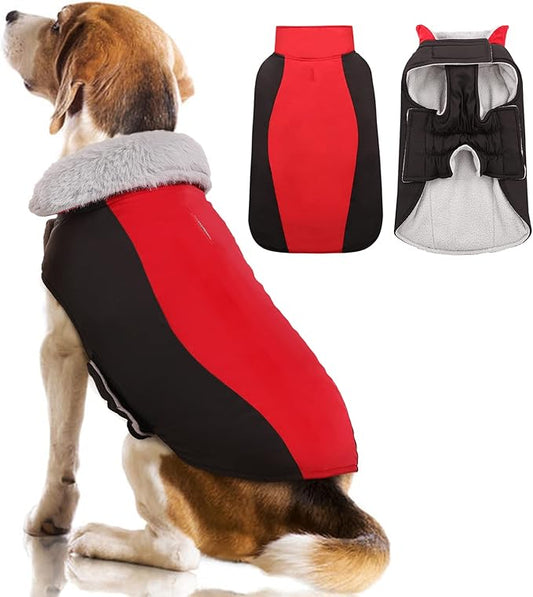 Warm Dog Coat,Waterproof Jacket in Winter Adjustable and Reversible Doggy Fleece Outfit,Thick Clothes with Foldable Collar for Puppy in Cold Days,L Red