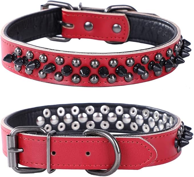 Adjustable Genuine Leather Spiked Studded Dog Collars for Small Medium Large Pets Like Pit Bull Bulldog Pugs Husky (M, Red1)