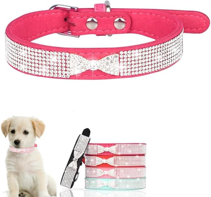 Serijoars Small Dog Collar with Rhinestone Crystal Diamond Colorful Bling Girl Puppy Cat Collars (L, Hot Pink3)