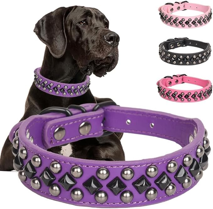 Serijoars Spiked Studded PU Leather Dog Collar for Small, Medium, Large Breeds, Pit Bull, Bully, Husky, Terrier, Adjustable (Purple, S (27-33CM))