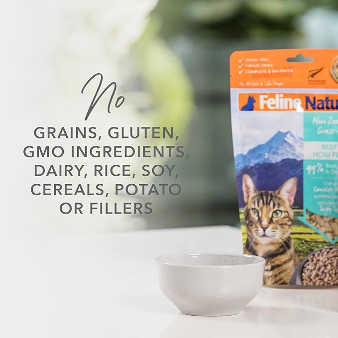 Feline Natural High Protein Dry Cat Food, Freeze-Dried Diet with 98% Meat, Organs & Seafood, No Peas, Grains, or Artificial Additives, Made in New Zealand Beef & Hoki, 3.5oz