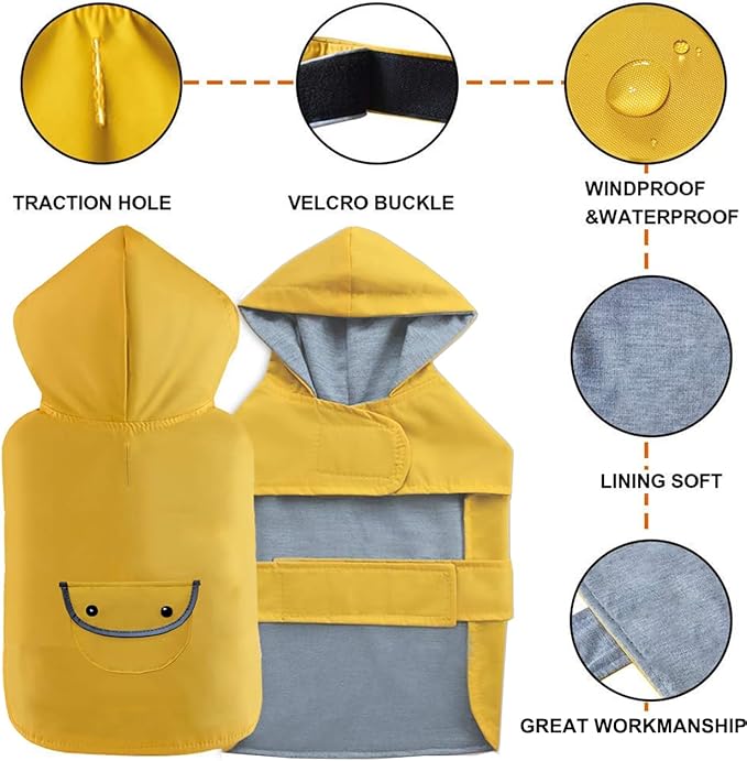 Dog Raincoat Dogs Rain Jacket Reflective Poncho Rainwear Waterproof Pet Clothes Warm Lined Pocket Hooded Leash Hole Adjustable Medium Dogs,Yellow,XXXL,Back Length 20.0 Inch