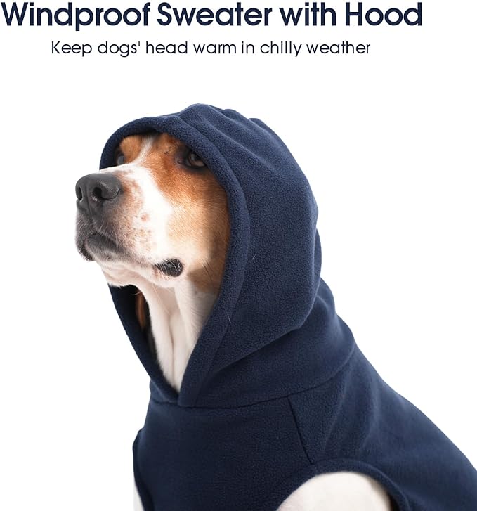 IECOii XL Dog Sweater & Pullover Hoodie for Large Dogs, Warm Fleece Layer with Hood for Cold Weather, Boys & Girls, Blue, Size XL