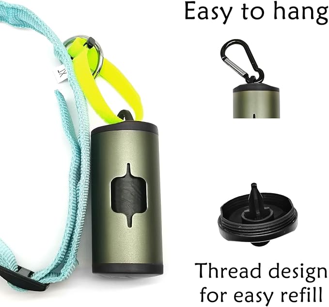 Metal Dog Poop Bag Holder Aluminum Dispenser for Leashes, Hiking & Travel, Lightweight Scratch-Resistant with 3 Attachments and 195 Bags (Olive Green, 1 Holder 15 Bags)