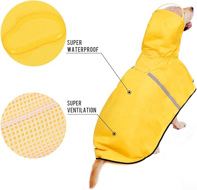 Large Dog Raincoat Jacket with Adjustable Belly Strap and Leash Hole - Hoodie with Reflective Strip - Waterproof Slicker Lightweight Breathable - Easy to Wear