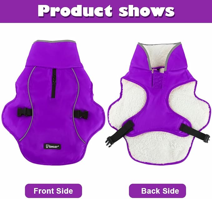 EMUST Dog Coat Winter, Waterproof Pet Snow Jacket for, Adjustable Small/Medium/Large Dog Coat/s for Winter, Purple, L