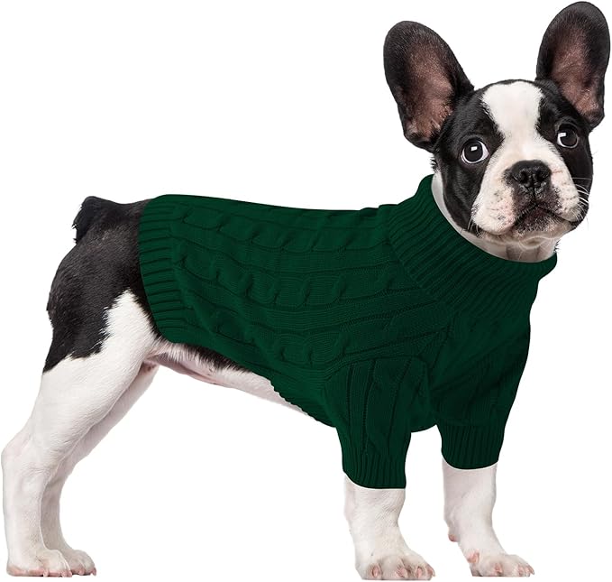 Small Dog Thermal Pullover Sweater, Classic Turtleneck Cable Knitwear Dog Clothes for Cold Weather Warm Pet Clothes for Chihuahua, Bulldog, Dachshund, Pug Green XX-Large