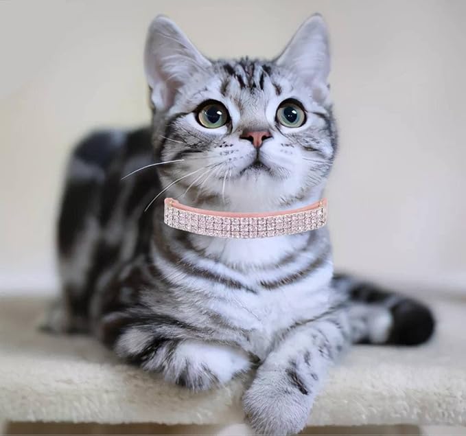 THAIN Rhinestones Cat Dog Collar Soft Velvet Safe Adjustable Collar Bling Diamante with Bells, 8-11 inch for Small Dogs and Cats (Pink)