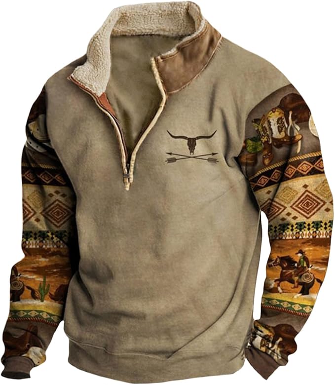 HOTYD Aztec Cowboy Mens Hoodie Vintage Graphic Western Hoodies Casual Long Sleeve 1/4 Zip Pullover Mens Country Jacket