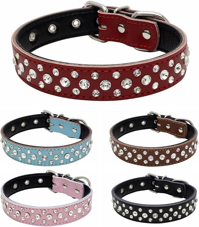 Rhinestones Dog Collar, Adjustable Sparkly Crystal Studded Genuine Leather Pet Dog Collar for Small and Medium Dogs (L, Pink)