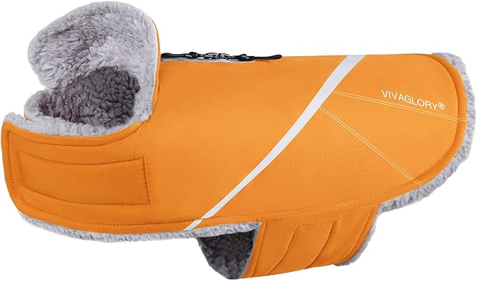 VIVAGLORY Snowrap Dog Coat, Jacket with Harness Hole & Velcro Closure, Dog Coat for Winter & Cold Weather, Fluffy Warm Fleece Lined Reflective Water Resistant for Puppy, XS, Orange