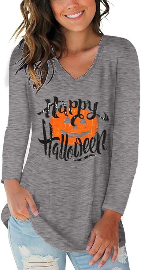 Tobrief Women's Long Sleeve V-Neck Shirts Fall Graphic Tees Loose Casual T-Shirt